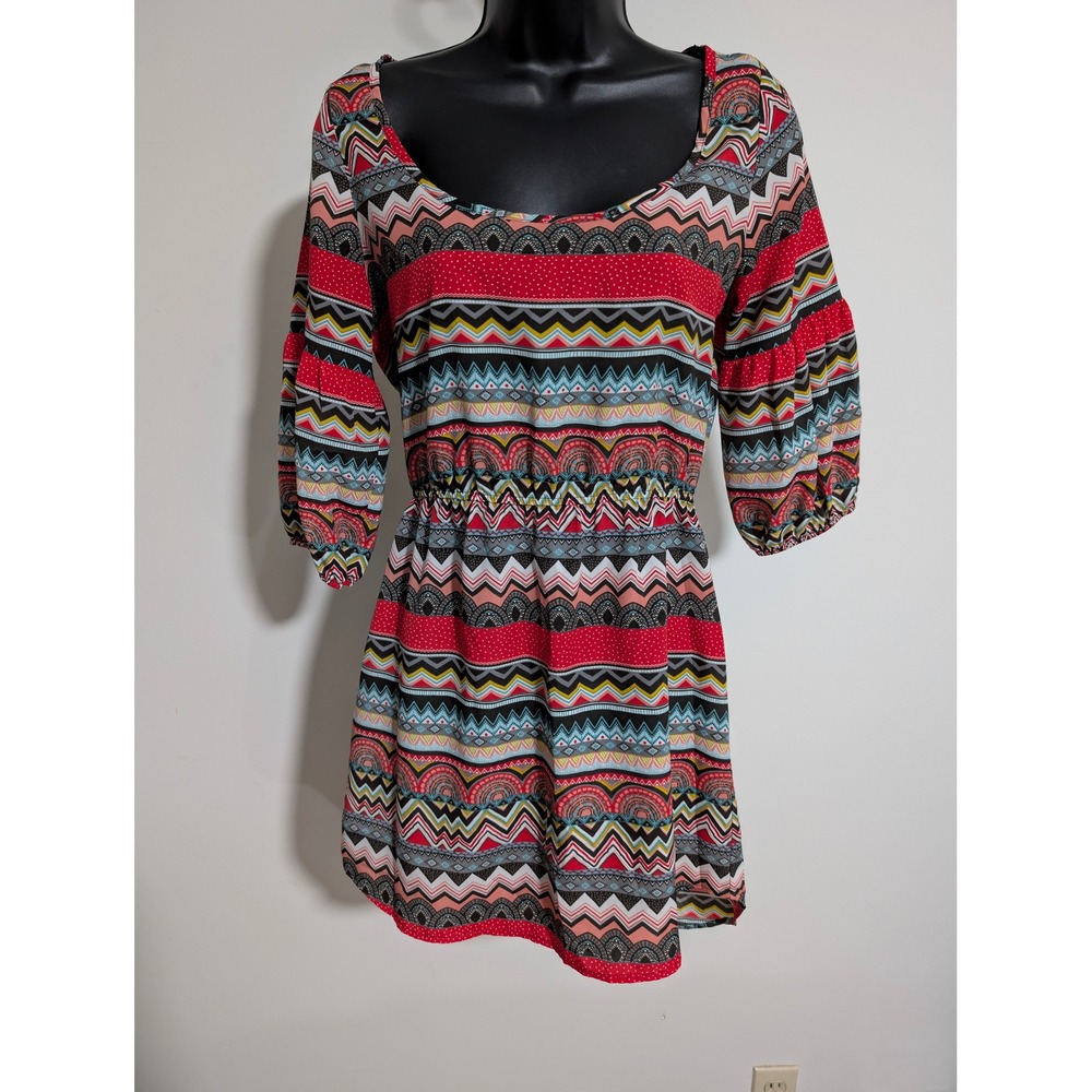 Glam Dress Small Aztec Geometric Print 3/4 Balloon Sleeve Boho A Line Small